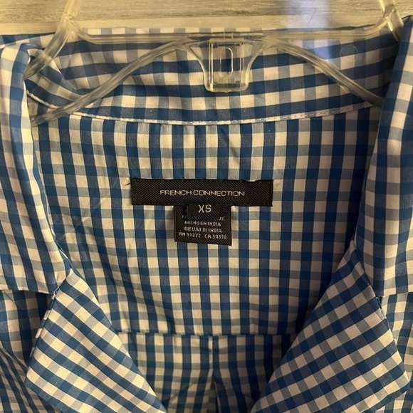 French Connection Blue & White Gingham Plaid Reta Tie Front Oversized Button Up - Picture 5 of 7